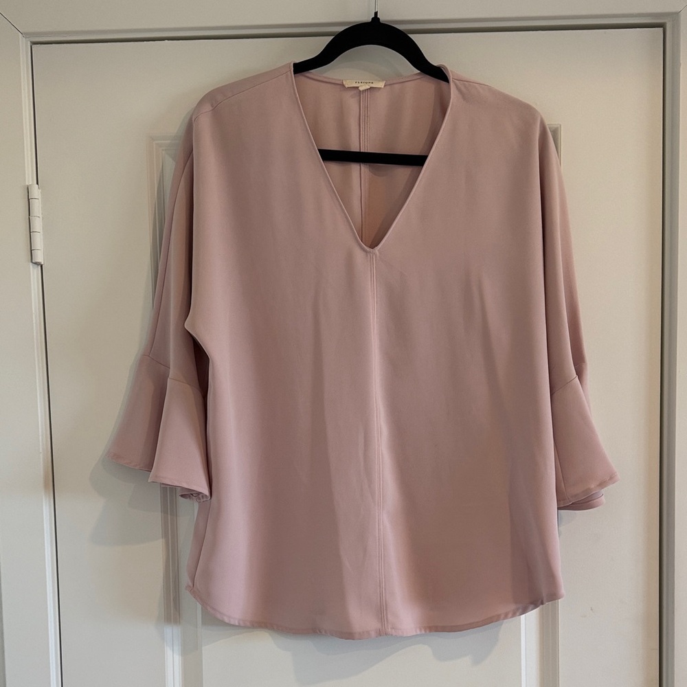 Pleione Dusty Blush V-Neck Ruffle Sleeve Blouse